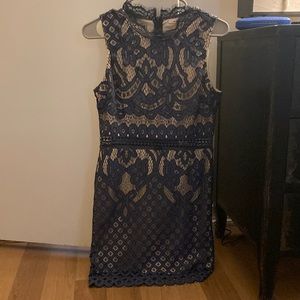 Francesca’s Lacey blue and nude cocktail or party dress.